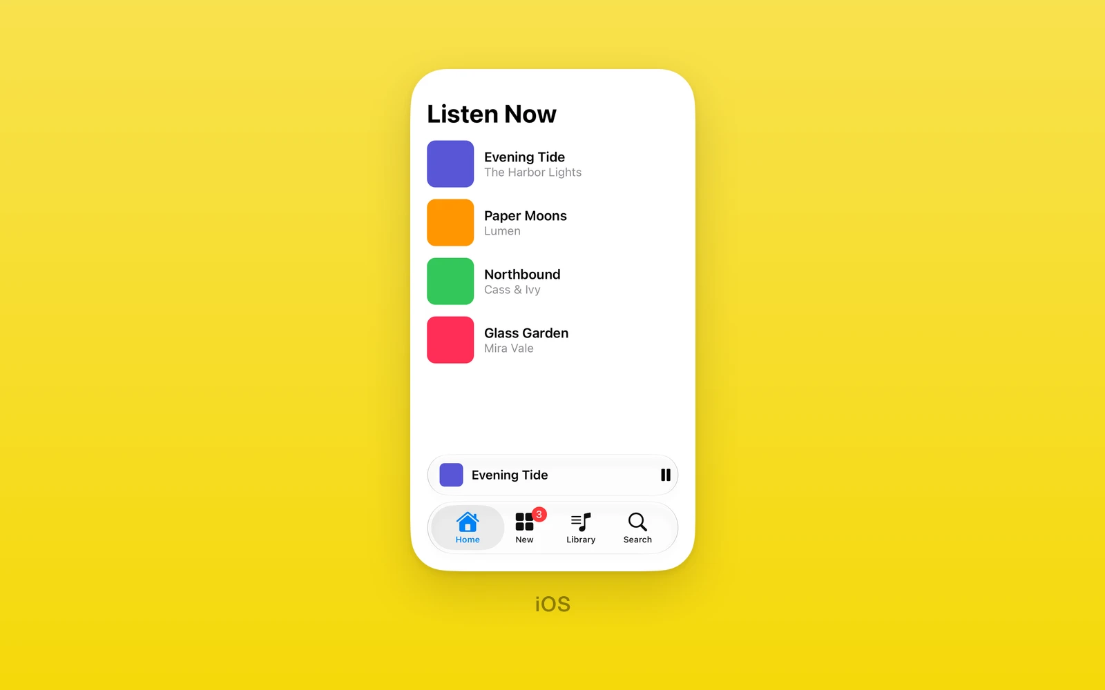 One.iOS Tabs with a glass tab bar, a badge, a search tab, and a now playing accessory