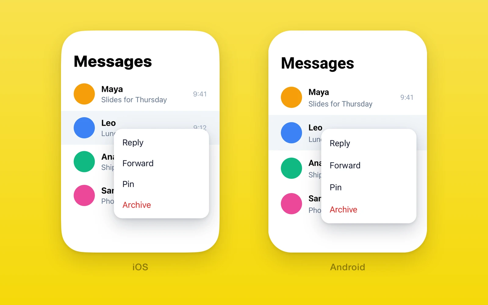 One.UI.Portal on iOS and Android: a menu declared inside one list row, drawn above the whole screen